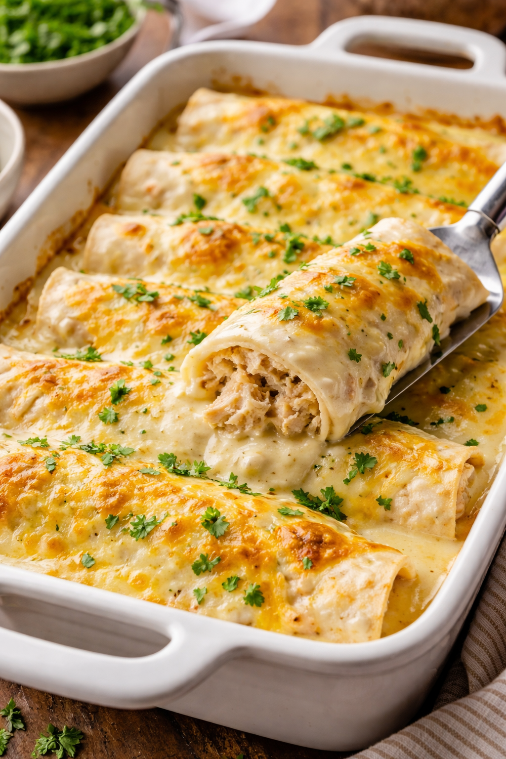 Creamy White Chicken Enchiladas with a Rich, Cheesy Sauce